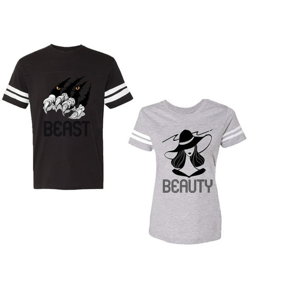 Beast Beauty Unisex Couple Matching Cotton Jersey style T-Shirt Contrasting stripes on sleeves (Men Black / Women Heather) (Men L / Women L)