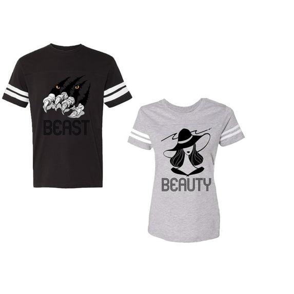 Beast Beauty Unisex Couple Matching Cotton Jersey style T-Shirt Contrasting stripes on sleeves (Men Black / Women Heather) (Men L / Women L)