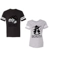 thumbnail image 1 of Beast Beauty Unisex Couple Matching Cotton Jersey style T-Shirt Contrasting stripes on sleeves (Men Black / Women Heather) (Men M / Women XXL), 1 of 3