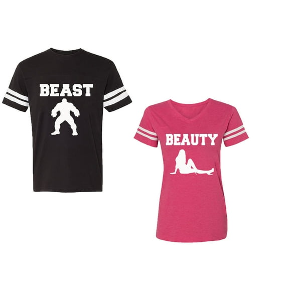 Beast Beauty Unisex Couple Matching Cotton Jersey style T-Shirt Contrasting stripes on sleeves (Men Black / Women Pink) (Men XXL / Women XL)