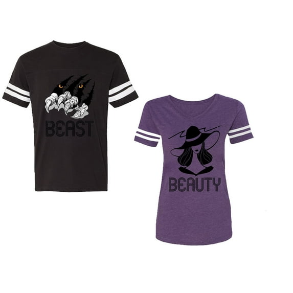 Beast Beauty Unisex Couple Matching Cotton Jersey style T-Shirt Contrasting stripes on sleeves (Men Black / Women Purple) (Men L / Women XXL)