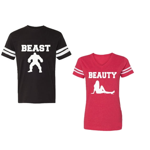 Beast Beauty Unisex Couple Matching Cotton Jersey style T-Shirt Contrasting stripes on sleeves (Men Black / Women Red) (Men XXL / Women L)