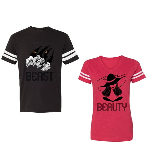 Beast Beauty Unisex Couple Matching Cotton Jersey style T-Shirt Contrasting stripes on sleeves (Men Black / Women Red) (Men XXL / Women L)
