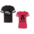 thumbnail image 1 of Beast Beauty Unisex Couple Matching Cotton Jersey style T-Shirt Contrasting stripes on sleeves (Men Black / Women Red) (Men XXL / Women M), 1 of 3