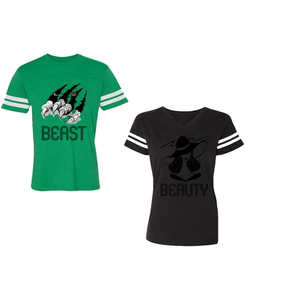 Beast Beauty Unisex Couple Matching Cotton Jersey style T-Shirt Contrasting stripes on sleeves (Men Green / Women Black) (Men S / Women S)
