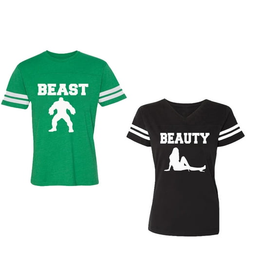 Beast Beauty Unisex Couple Matching Cotton Jersey style T-Shirt Contrasting stripes on sleeves (Men Green / Women Black) (Men S / Women S)