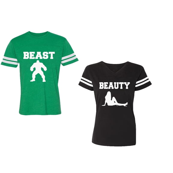 Beast Beauty Unisex Couple Matching Cotton Jersey style T-Shirt Contrasting stripes on sleeves (Men Green / Women Black) (Men S / Women S)