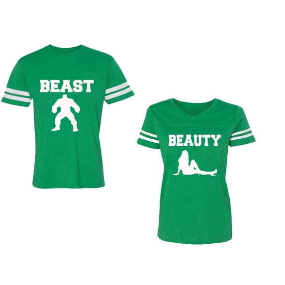 Beast Beauty Unisex Couple Matching Cotton Jersey style T-Shirt Contrasting stripes on sleeves (Men Green / Women Green) (Men M / Women S)