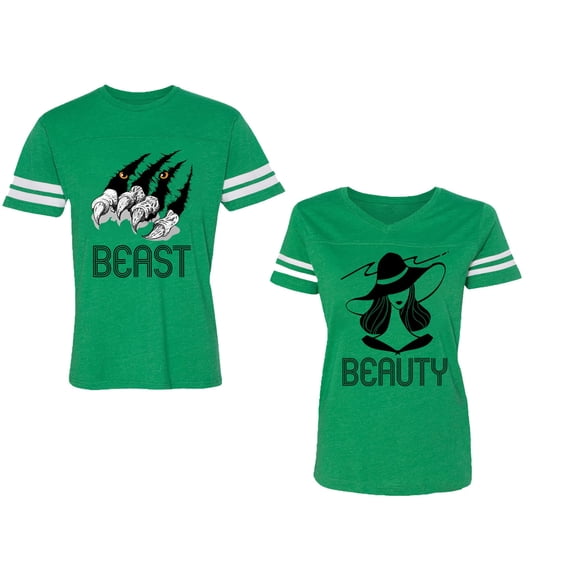 Beast Beauty Unisex Couple Matching Cotton Jersey style T-Shirt Contrasting stripes on sleeves (Men Green / Women Green) (Men XL / Women S)