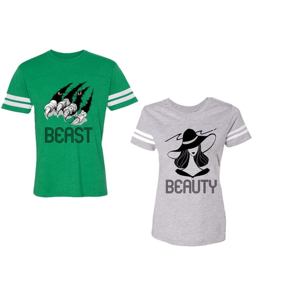 Beast Beauty Unisex Couple Matching Cotton Jersey style T-Shirt Contrasting stripes on sleeves (Men Green / Women Heather) (Men M / Women M)