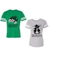thumbnail image 1 of Beast Beauty Unisex Couple Matching Cotton Jersey style T-Shirt Contrasting stripes on sleeves (Men Green / Women Heather) (Men XL / Women XXL), 1 of 3