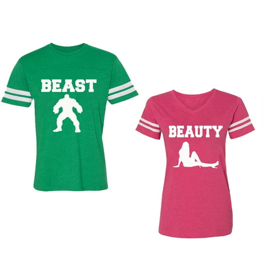 Beast Beauty Unisex Couple Matching Cotton Jersey style T-Shirt Contrasting stripes on sleeves (Men Green / Women Pink) (Men M / Women M)