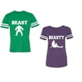 thumbnail image 1 of Beast Beauty Unisex Couple Matching Cotton Jersey style T-Shirt Contrasting stripes on sleeves (Men Green / Women Purple) (Men M / Women M), 1 of 3