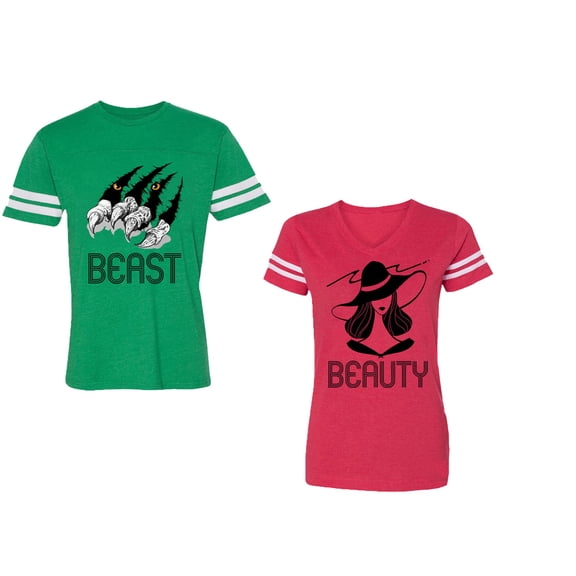 Beast Beauty Unisex Couple Matching Cotton Jersey style T-Shirt Contrasting stripes on sleeves (Men Green / Women Red) (Men L / Women L)