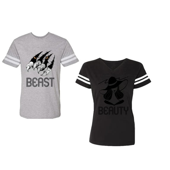 Beast Beauty Unisex Couple Matching Cotton Jersey style T-Shirt Contrasting stripes on sleeves (Men Heather / Women Black) (Men XL / Women XXL)