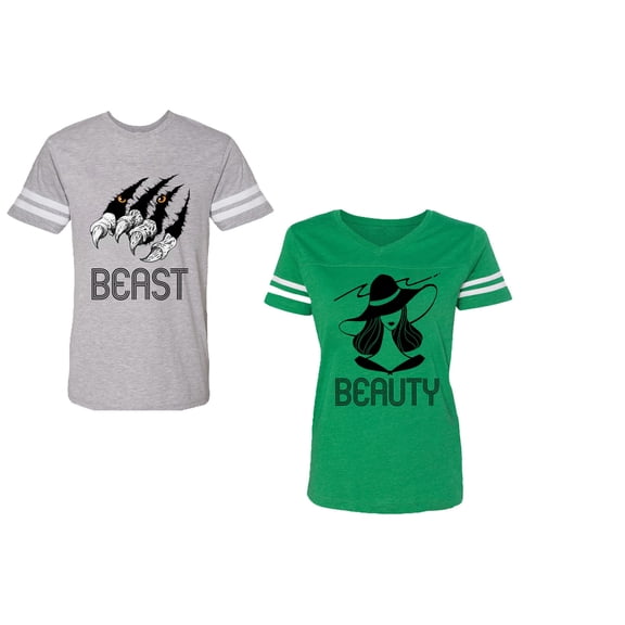 Beast Beauty Unisex Couple Matching Cotton Jersey style T-Shirt Contrasting stripes on sleeves (Men Heather / Women Green) (Men L / Women XXL)