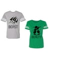 thumbnail image 1 of Beast Beauty Unisex Couple Matching Cotton Jersey style T-Shirt Contrasting stripes on sleeves (Men Heather / Women Green) (Men XXL / Women M), 1 of 3