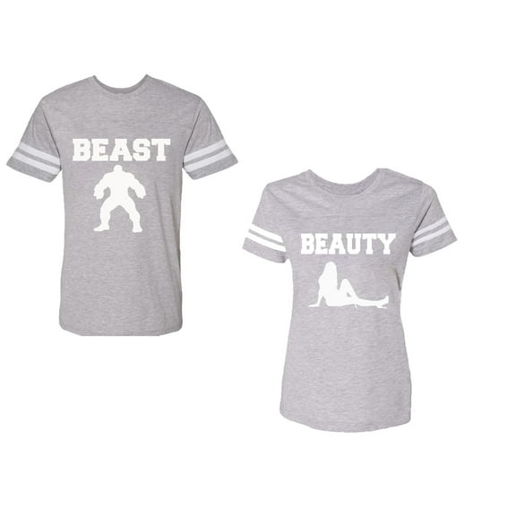 Beast Beauty Unisex Couple Matching Cotton Jersey style T-Shirt Contrasting stripes on sleeves (Men Heather / Women Heather) (Men S / Women L)