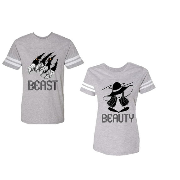 Beast Beauty Unisex Couple Matching Cotton Jersey style T-Shirt Contrasting stripes on sleeves (Men Heather / Women Heather) (Men XL / Women M)