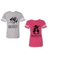 thumbnail image 1 of Beast Beauty Unisex Couple Matching Cotton Jersey style T-Shirt Contrasting stripes on sleeves (Men Heather / Women Pink) (Men XL / Women S), 1 of 3