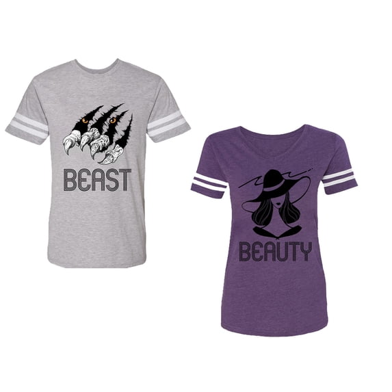 Beast Beauty Unisex Couple Matching Cotton Jersey style T-Shirt Contrasting stripes on sleeves (Men Heather / Women Purple) (Men S / Women M)