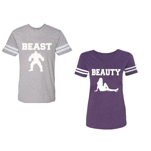 Beast Beauty Unisex Couple Matching Cotton Jersey style T-Shirt Contrasting stripes on sleeves (Men Heather / Women Purple) (Men S / Women XL)