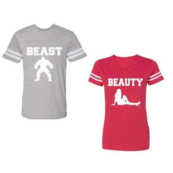 Beast Beauty Unisex Couple Matching Cotton Jersey style T-Shirt Contrasting stripes on sleeves (Men Heather / Women Red) (Men S / Women XL)