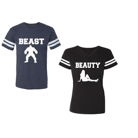 Beast Beauty Unisex Couple Matching Cotton Jersey style T-Shirt Contrasting stripes on sleeves (Men Navy / Women Black) (Men S / Women S)