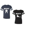 thumbnail image 1 of Beast Beauty Unisex Couple Matching Cotton Jersey style T-Shirt Contrasting stripes on sleeves (Men Navy / Women Black) (Men XXL / Women S), 1 of 3