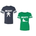 thumbnail image 1 of Beast Beauty Unisex Couple Matching Cotton Jersey style T-Shirt Contrasting stripes on sleeves (Men Navy / Women Green) (Men S / Women S), 1 of 3