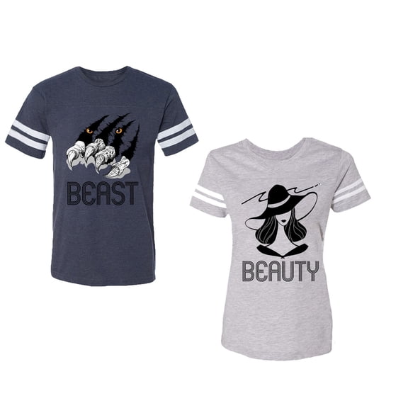Beast Beauty Unisex Couple Matching Cotton Jersey style T-Shirt Contrasting stripes on sleeves (Men Navy / Women Heather) (Men XL / Women L)