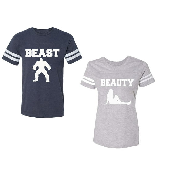 Beast Beauty Unisex Couple Matching Cotton Jersey style T-Shirt Contrasting stripes on sleeves (Men Navy / Women Heather) (Men XL / Women XL)