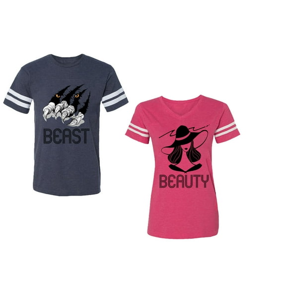 Beast Beauty Unisex Couple Matching Cotton Jersey style T-Shirt Contrasting stripes on sleeves (Men Navy / Women Pink) (Men L / Women M)