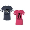 thumbnail image 1 of Beast Beauty Unisex Couple Matching Cotton Jersey style T-Shirt Contrasting stripes on sleeves (Men Navy / Women Pink) (Men M / Women L), 1 of 3