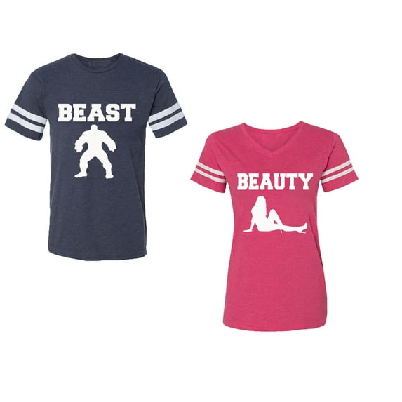 Beast Beauty Unisex Couple Matching Cotton Jersey style T-Shirt Contrasting stripes on sleeves (Men Navy / Women Pink) (Men XL / Women S)