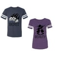 thumbnail image 1 of Beast Beauty Unisex Couple Matching Cotton Jersey style T-Shirt Contrasting stripes on sleeves (Men Navy / Women Purple) (Men M / Women S), 1 of 3