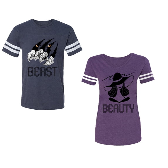 Beast Beauty Unisex Couple Matching Cotton Jersey style T-Shirt Contrasting stripes on sleeves (Men Navy / Women Purple) (Men M / Women S)