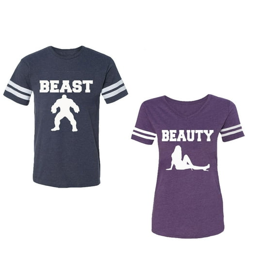 Beast Beauty Unisex Couple Matching Cotton Jersey style T-Shirt Contrasting stripes on sleeves (Men Navy / Women Purple) (Men XXL / Women XXL)