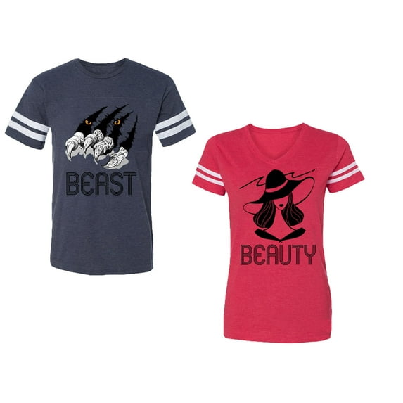 Beast Beauty Unisex Couple Matching Cotton Jersey style T-Shirt Contrasting stripes on sleeves (Men Navy / Women Red) (Men M / Women L)