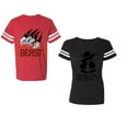 thumbnail image 1 of Beast Beauty Unisex Couple Matching Cotton Jersey style T-Shirt Contrasting stripes on sleeves (Men Red / Women Black) (Men L / Women M), 1 of 3