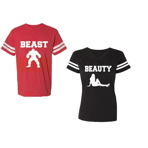Beast Beauty Unisex Couple Matching Cotton Jersey style T-Shirt Contrasting stripes on sleeves (Men Red / Women Black) (Men S / Women S)