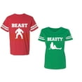 thumbnail image 1 of Beast Beauty Unisex Couple Matching Cotton Jersey style T-Shirt Contrasting stripes on sleeves (Men Red / Women Green) (Men M / Women L), 1 of 3