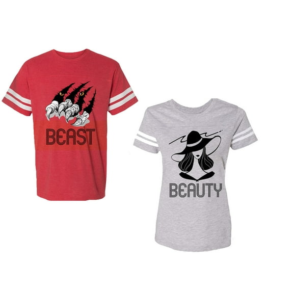 Beast Beauty Unisex Couple Matching Cotton Jersey style T-Shirt Contrasting stripes on sleeves (Men Red / Women Heather) (Men M / Women XL)