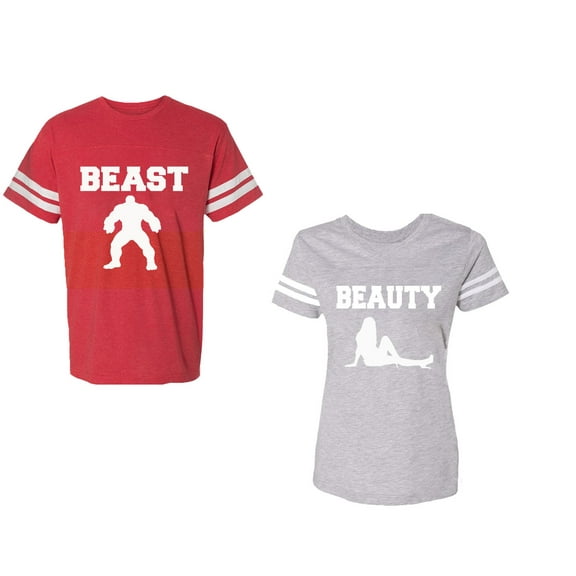 Beast Beauty Unisex Couple Matching Cotton Jersey style T-Shirt Contrasting stripes on sleeves (Men Red / Women Heather) (Men XXL / Women M)