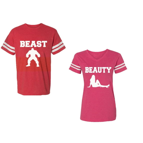 Beast Beauty Unisex Couple Matching Cotton Jersey style T-Shirt Contrasting stripes on sleeves (Men Red / Women Pink) (Men XL / Women L)