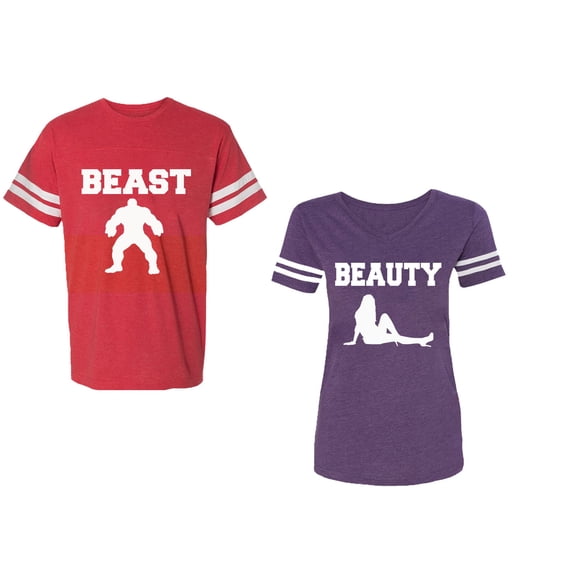 Beast Beauty Unisex Couple Matching Cotton Jersey style T-Shirt Contrasting stripes on sleeves (Men Red / Women Purple) (Men M / Women L)