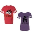 thumbnail image 1 of Beast Beauty Unisex Couple Matching Cotton Jersey style T-Shirt Contrasting stripes on sleeves (Men Red / Women Purple) (Men M / Women M), 1 of 3