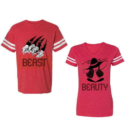 Beast Beauty Unisex Couple Matching Cotton Jersey style T-Shirt Contrasting stripes on sleeves (Men Red / Women Red) (Men L / Women L)