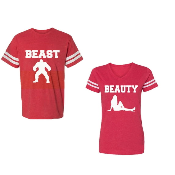 Beast Beauty Unisex Couple Matching Cotton Jersey style T-Shirt Contrasting stripes on sleeves (Men Red / Women Red) (Men L / Women XL)