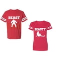 thumbnail image 1 of Beast Beauty Unisex Couple Matching Cotton Jersey style T-Shirt Contrasting stripes on sleeves (Men Red / Women Red) (Men S / Women S), 1 of 3
